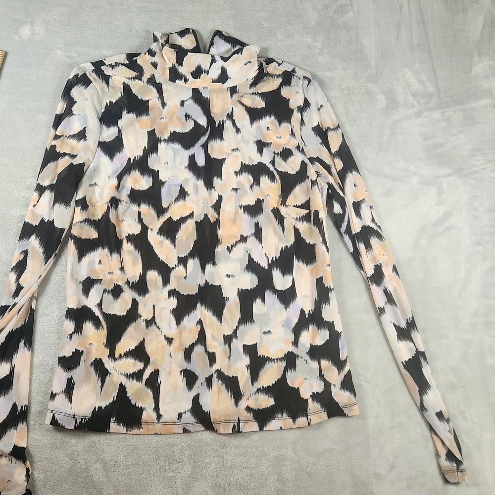 CAbi Womens Medium Mesh Top Mock Neck Long Sleeve Thumbhole Abstract Floral Y2K